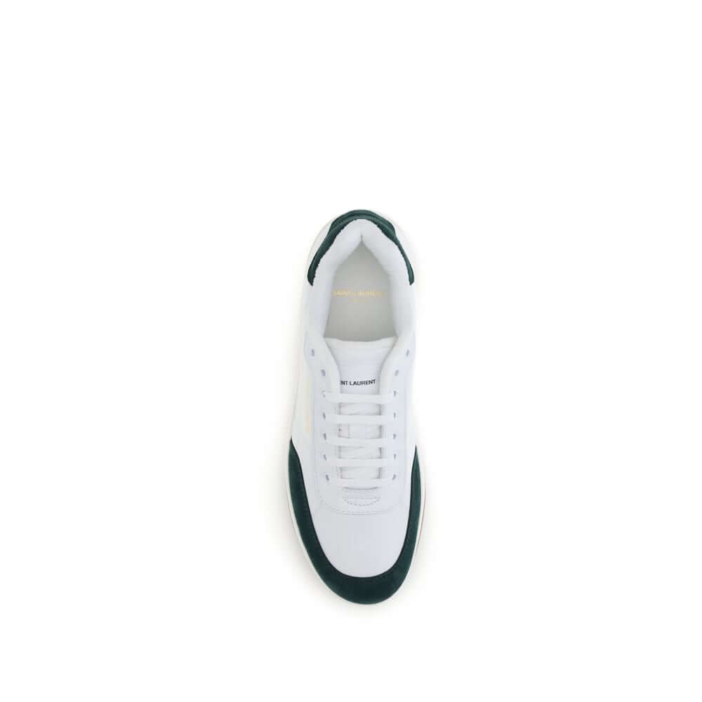 Saint Laurent White Calf Leather Bos Taurus Low Top Sneakers, top view showing suede panel and logo detailing on side and heel.