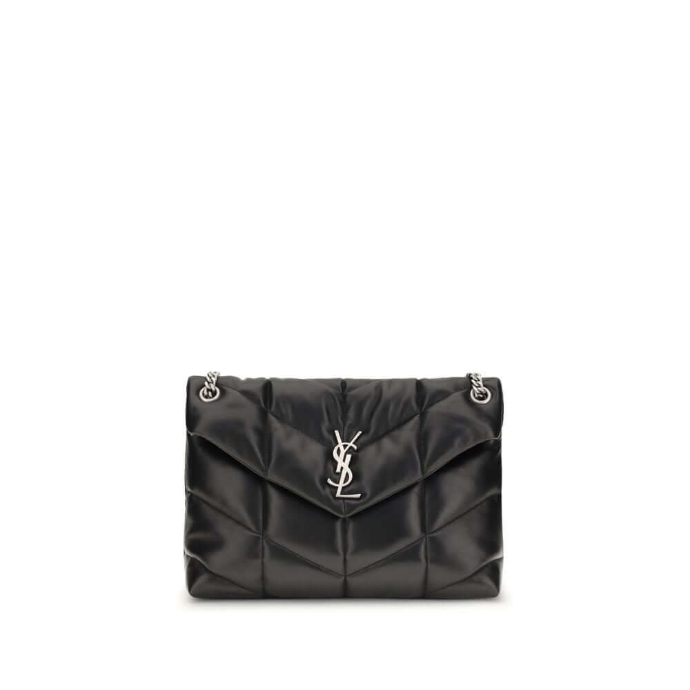 Saint Laurent Black Lamb Ovis Aries Aries Shoulder Bag with YSL plaque, quilted design and leather-braided chain strap for versatile use.
