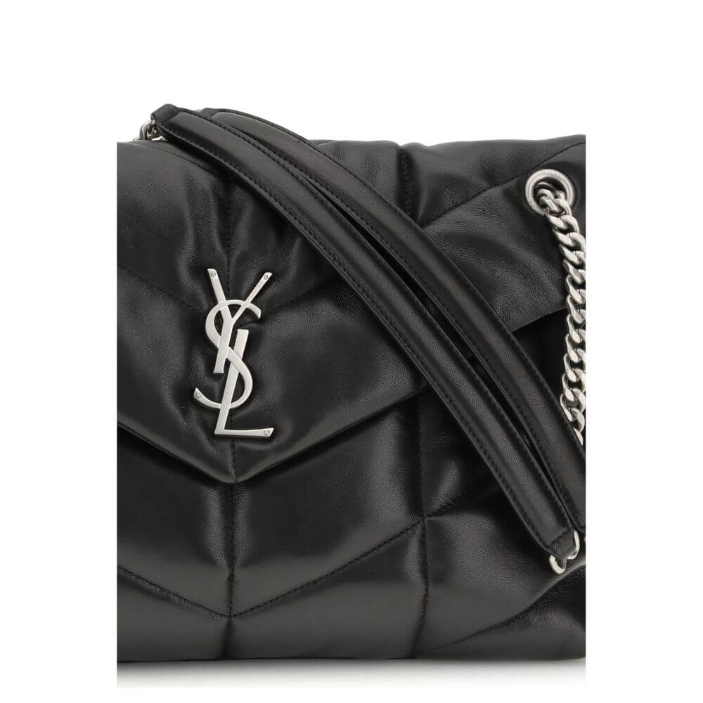Saint Laurent Black Lamb Ovis Aries Aries Shoulder Bag with YSL silver plaque and leather-braided chain strap