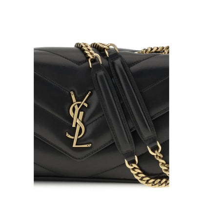 Close-up of Saint Laurent Black Lamb Ovis Aries Aries Shoulder Bag with quilted design and brass logo on magnetic flap.