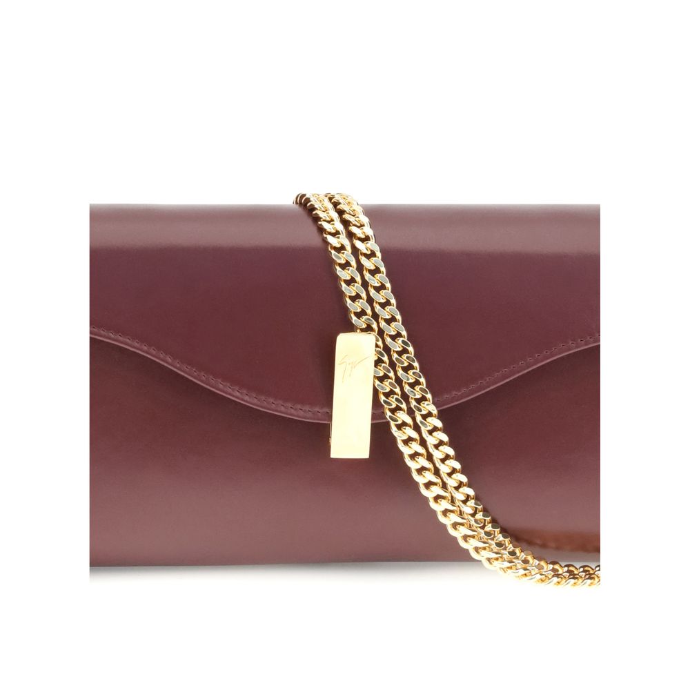 Giuseppe Zanotti Brown Leather Clutch Bag with gold-tone chain and logoed metal closure