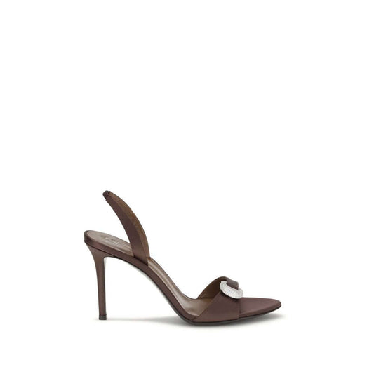 Giuseppe Zanotti Brown Silk Stiletto Heel Sandals with rhinestone detail, slingback design, and almond toe for elegant occasions.