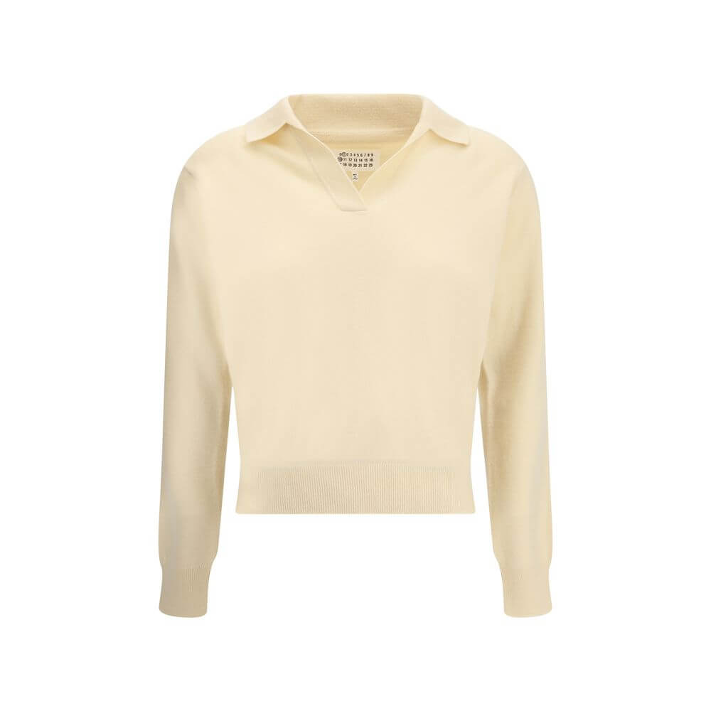 Margiela Cream Fleece Wool Sweater with classic collar and ribbed hem, crafted from virgin wool, perfect for a stylish autumn-winter look.