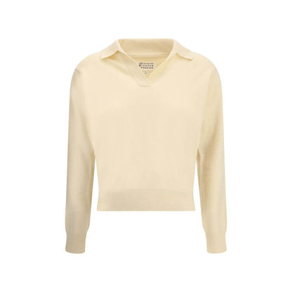 Margiela Cream Fleece Wool Sweater with classic collar and ribbed hem, crafted from virgin wool, perfect for a stylish autumn-winter look.