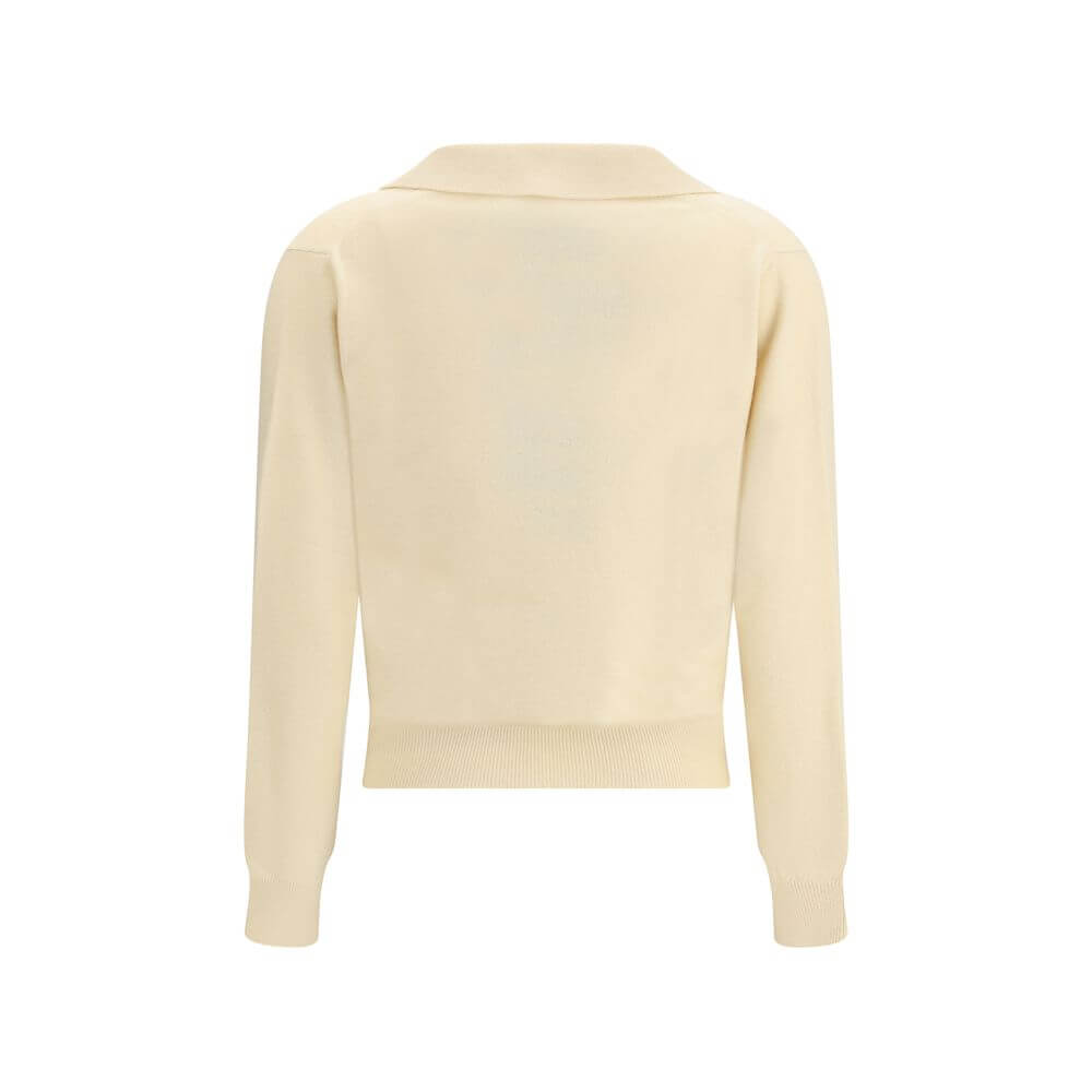 Rear view of Margiela Cream Fleece Wool Sweater with classic collar, ribbed hem and cuffs, made from virgin wool in Italy.