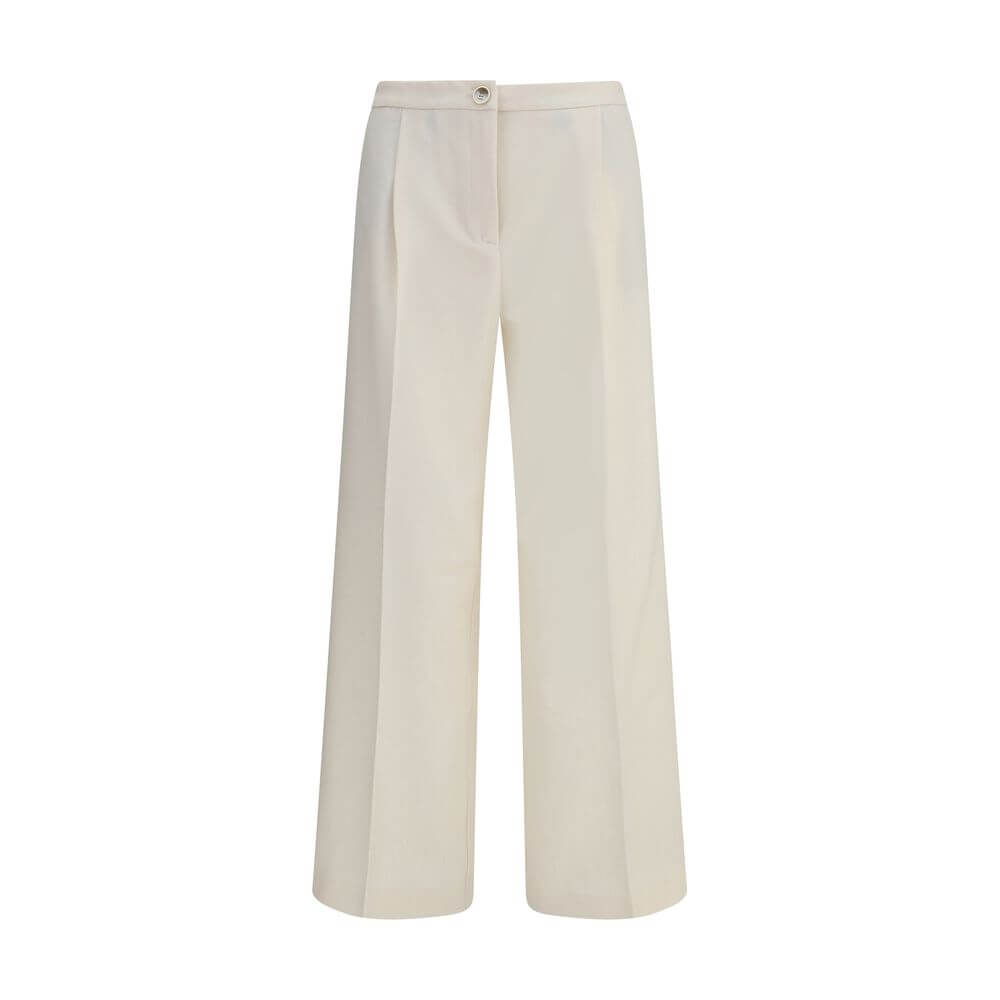Cruna Cream Polyester Casual Pants with wide leg, front zip, button fastening, side and back pockets, made in Italy for versatile style.