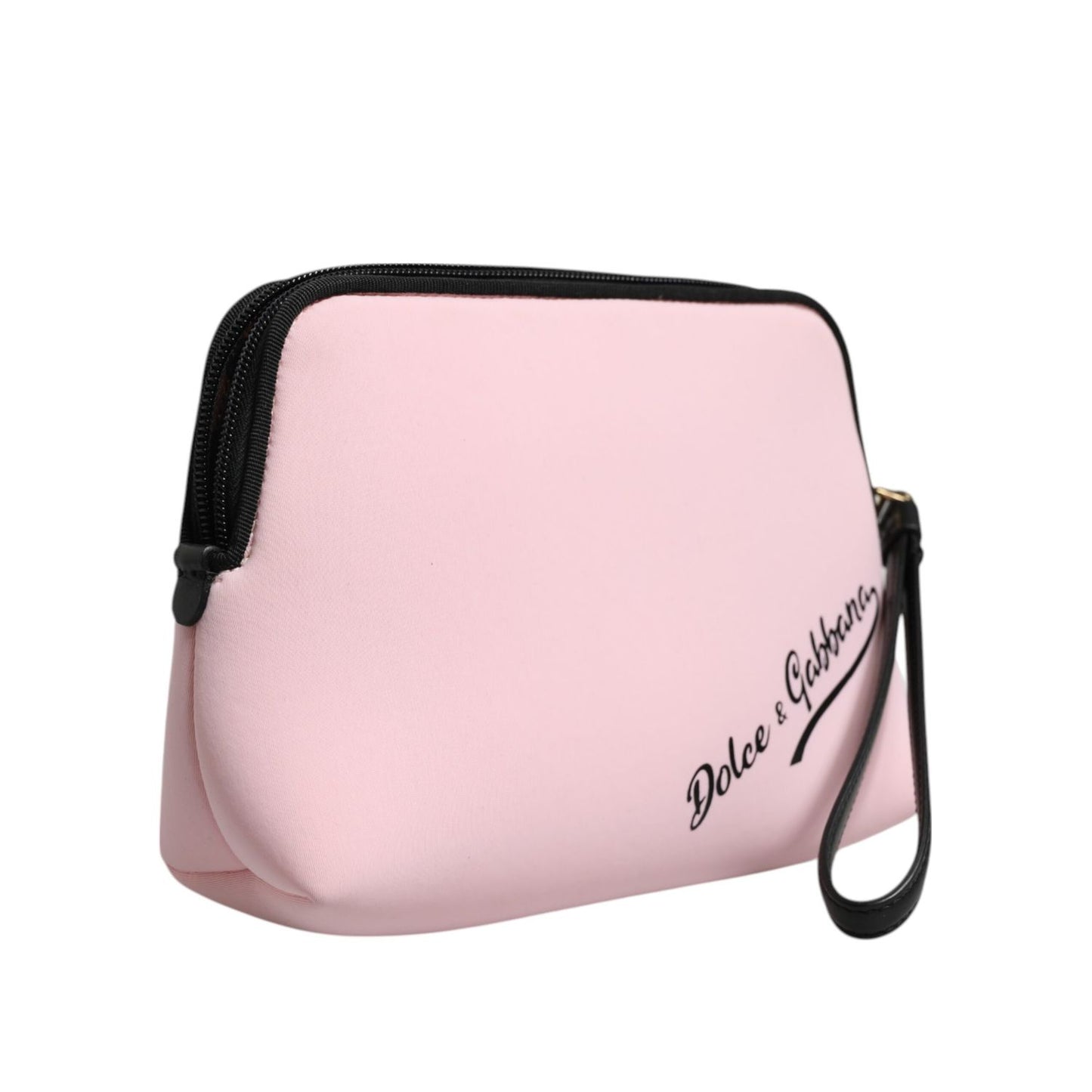Dolce & Gabbana Pink Solid Nylon DG Logo Print Clutch Zip Borse Pouch Bag with gold-tone hardware and wrist strap.