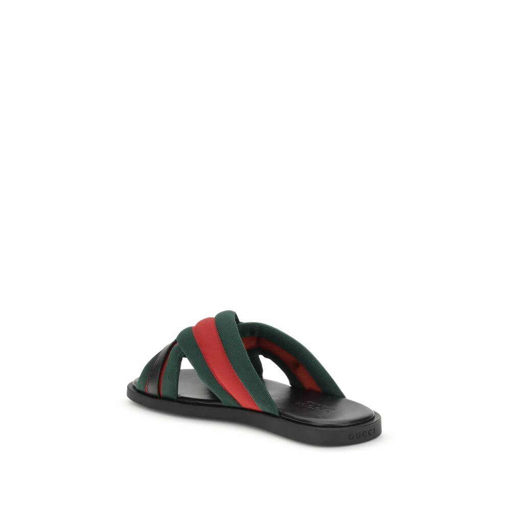Gucci Black Polyamide Flat Sandals featuring green and red Web fabric with silver-tone Interlocking GG logo, AW25 collection.