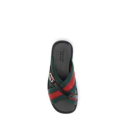 Gucci Black Polyamide Flat Sandals with green and red Web fabric and Interlocking GG logo.