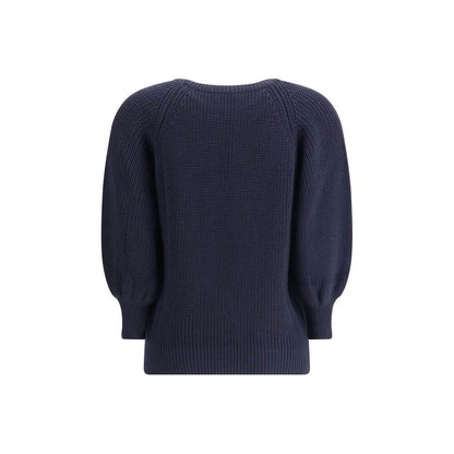 Ella Blue Merino Wool Sweater, chunky knit with ribbed crewneck, hem, and cuffs, made in Italy for stylish cold-weather comfort.