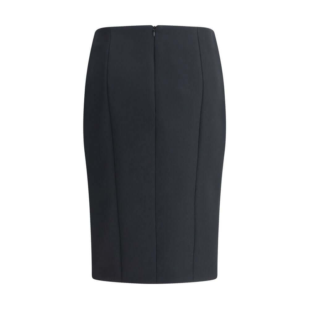 Giorgio Armani Black Recycled Polyester Midi Skirt with clean lines, back zip closure, and slanted pockets for a sophisticated style.