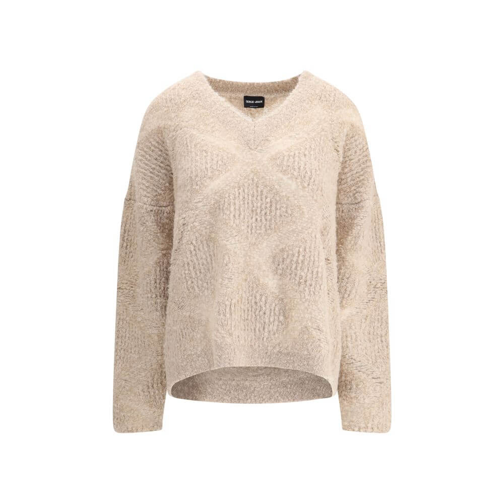 Giorgio Armani Cream Cashmere Cashmere Sweater featuring a V-neck with sheer detail, made from cashmere, alpaca, and silk blend, AW25 collection.