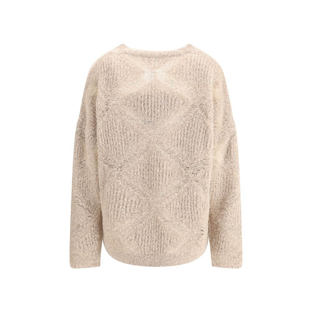 Giorgio Armani Cream Cashmere Cashmere Sweater with sheer V-neck design, made in Italy from cashmere, alpaca, and silk blend for AW25 season.