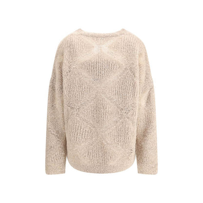 Giorgio Armani Cream Cashmere Cashmere Sweater with sheer V-neck design, made in Italy from cashmere, alpaca, and silk blend for AW25 season.