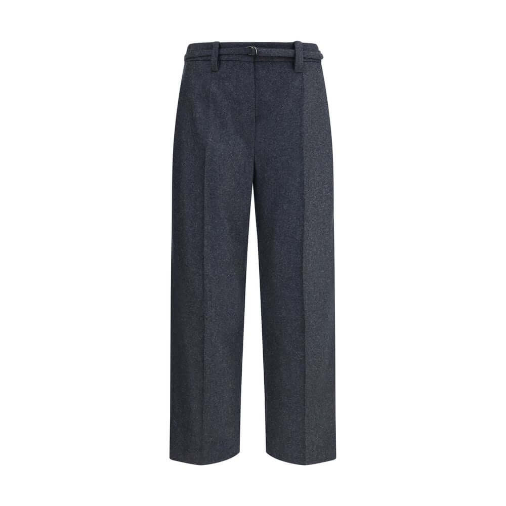 Brunello Cucinelli Gray Fleece Wool Casual Pants with front zip-and-hook closure and wide leg design.