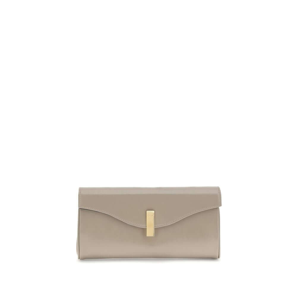 Giuseppe Zanotti Beige Leather Clutch Bag with logoed metal closure and gold-tone chain strap, featuring slip pocket and card slot.