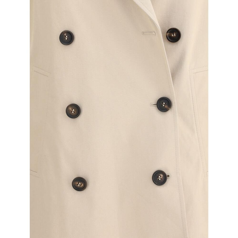 Close-up of Brunello Cucinelli Beige Cotton Coat with double-breasted buttons and elegant design details.