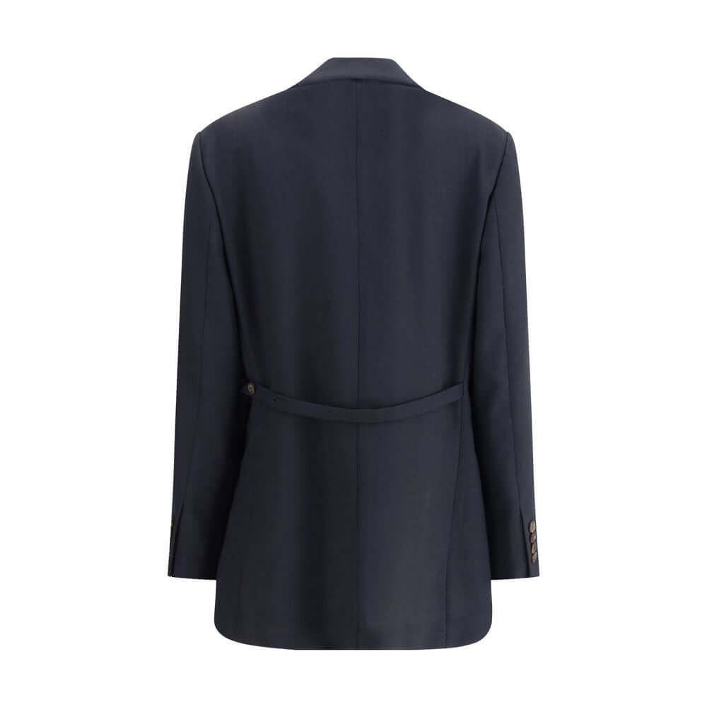 Back view of Brunello Cucinelli Blue Fleece Wool Blazer with back martingale detail, perfect for a refined AW25 timeless look.