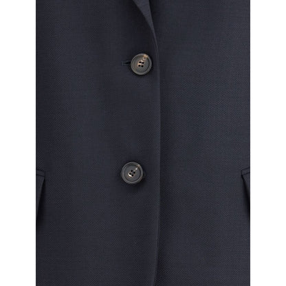 Close-up of Brunello Cucinelli Blue Fleece Wool Blazer showcasing buttons and fabric texture.