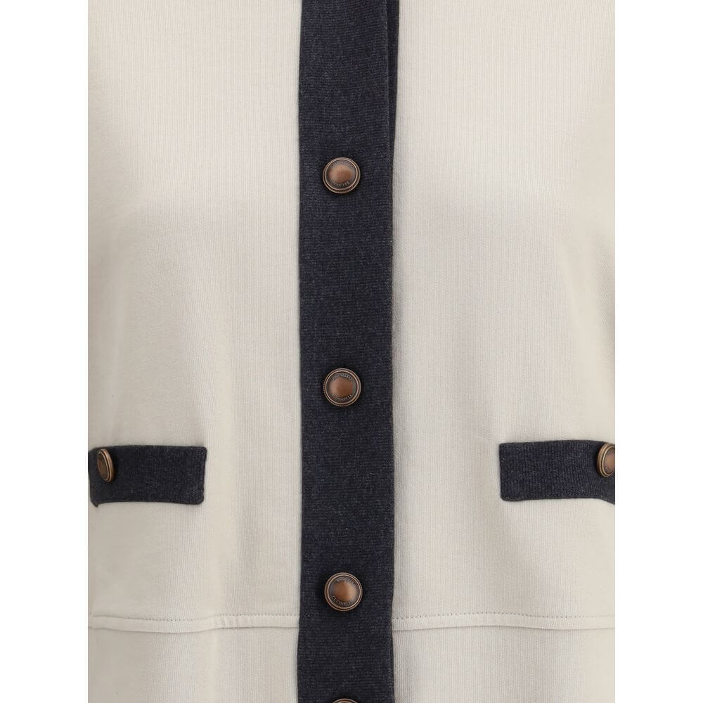 Brunello Cucinelli Gray Cotton Cardigan with button closure and welt pockets, showcasing elegant detail and craftsmanship.