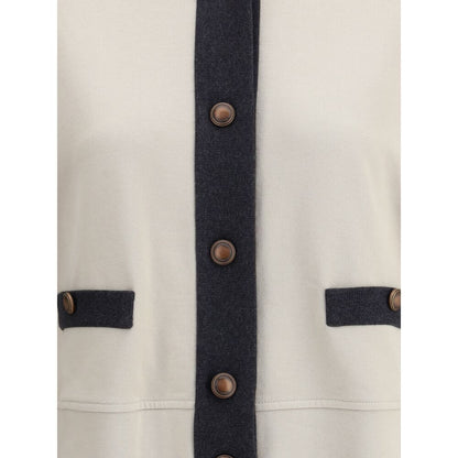 Brunello Cucinelli Gray Cotton Cardigan with button closure and welt pockets, showcasing elegant detail and craftsmanship.