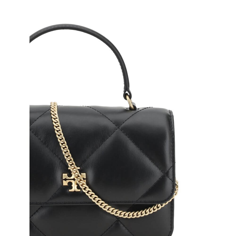 Tory Burch Black Calf Leather Bos Taurus Wallet with quilted design and chain strap, featuring iconic logo plaque.