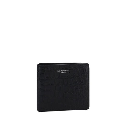 Saint Laurent Black Calf Leather Bos Taurus Wallet with embossed monogram, featuring card and bill slots, luxury design.