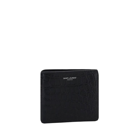 Saint Laurent Black Calf Leather Bos Taurus Wallet front view, features embossed brand monogram, card and bill slots, 100% calf leather.