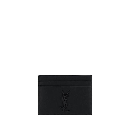 Saint Laurent Black Lamb Ovis Aries Aries Wallet, calfskin card holder with embossed logo, front and back card slots.