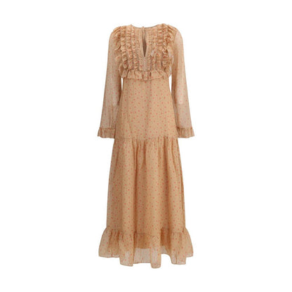 Kristina Ti Multicolor Silk Long Dress with vintage stripes and ruffles, featuring semi-sheer fabric, puffed cuffs, and flounce hem.