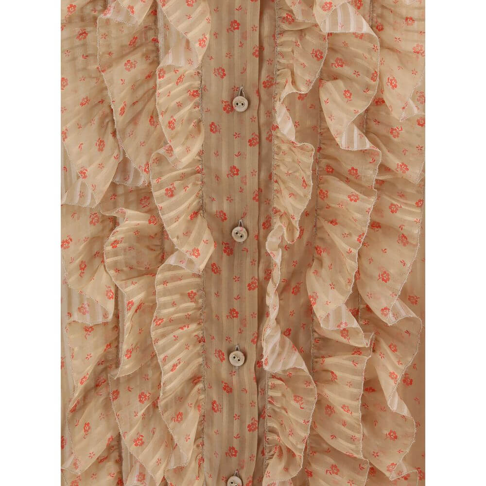 Close-up of Kristina Ti Multicolor Silk Blouse with floral stripes and ruffles, featuring button closure, made in Italy, AW25 collection.