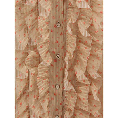 Close-up of Kristina Ti Multicolor Silk Blouse with floral stripes and ruffles, featuring button closure, made in Italy, AW25 collection.