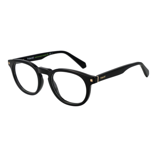 Alt Tag: Polaroid Black Women Glasses Frame, full-rim panto shape, cellulose propionate material, spring hinge, demo lenses.