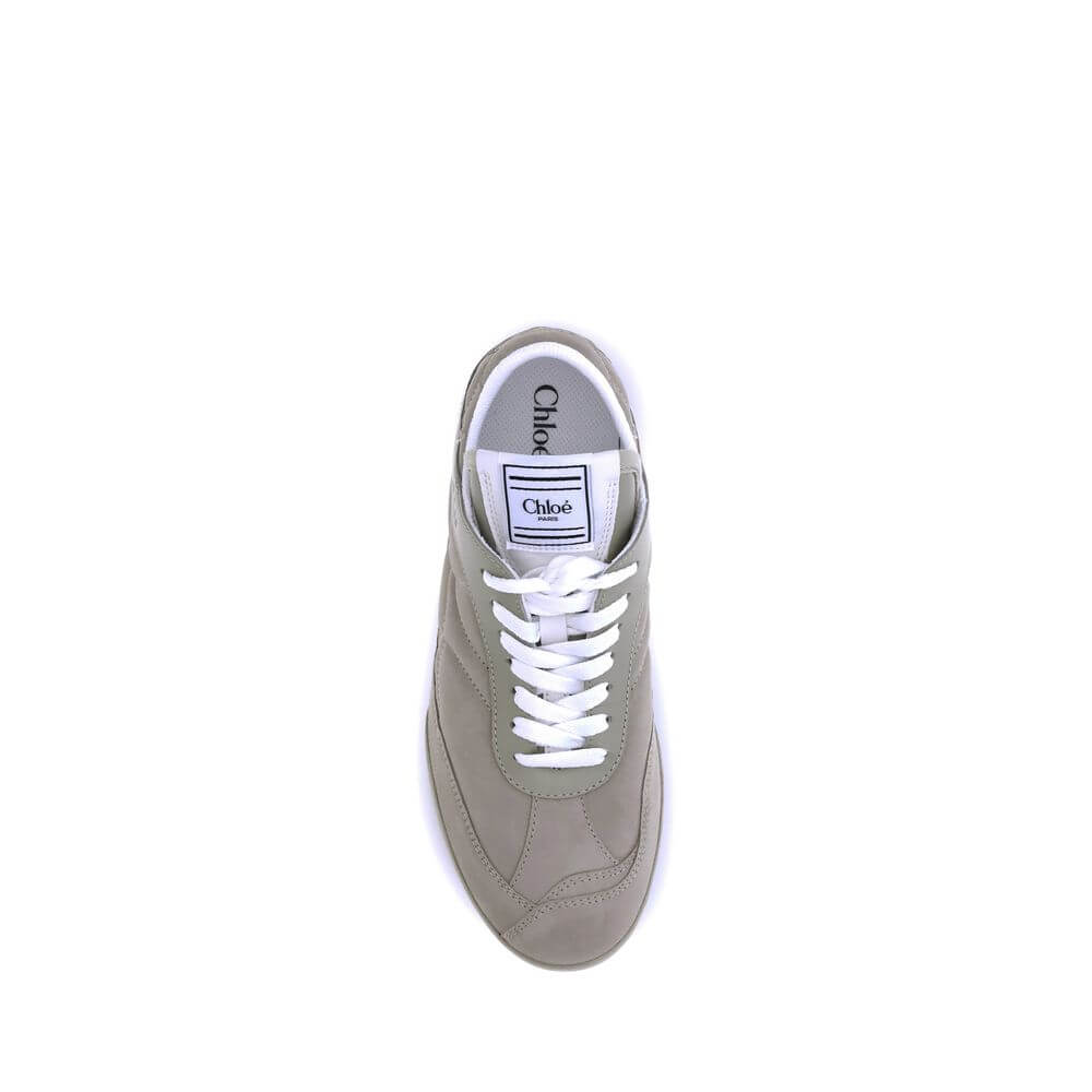 Chloé Beige Calf Leather Bos Taurus Low Top Sneakers with suede details, front lace-up closure, and branded insole, top view AW25.