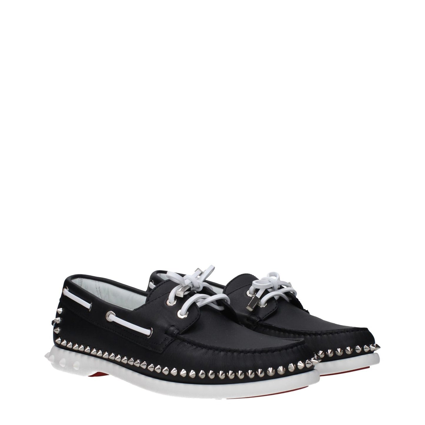Christian Louboutin Black Leather Slip-On Loafers with studs, round toe, rubber sole, and lace-up closure; MPN 3240230BK65.