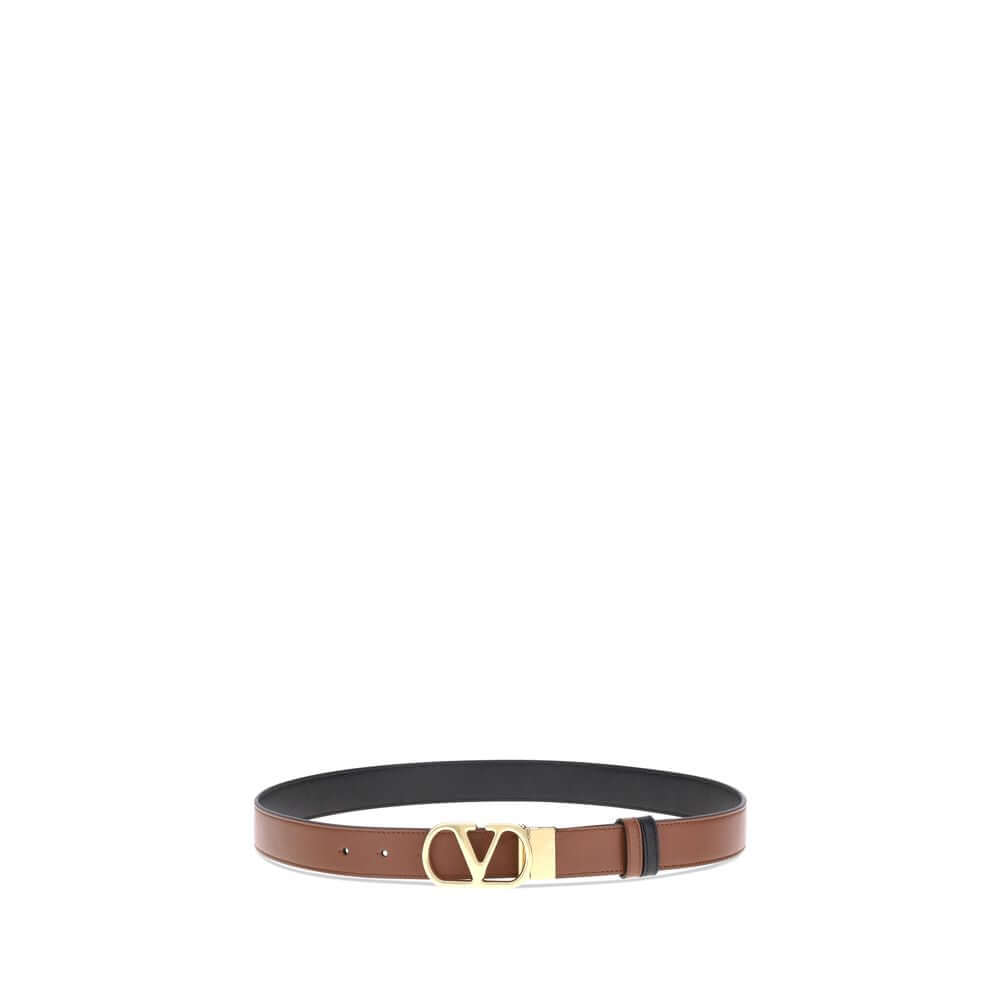 Valentino Garavani Brown Calf Leather Bos Taurus Regular Belt with iconic gold VLogo buckle.