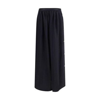 Kristina Ti Black Fleece Wool Long Skirt with golden buttons, elegant semi-wheeled design, 88% wool and 12% silk. Made in Italy.