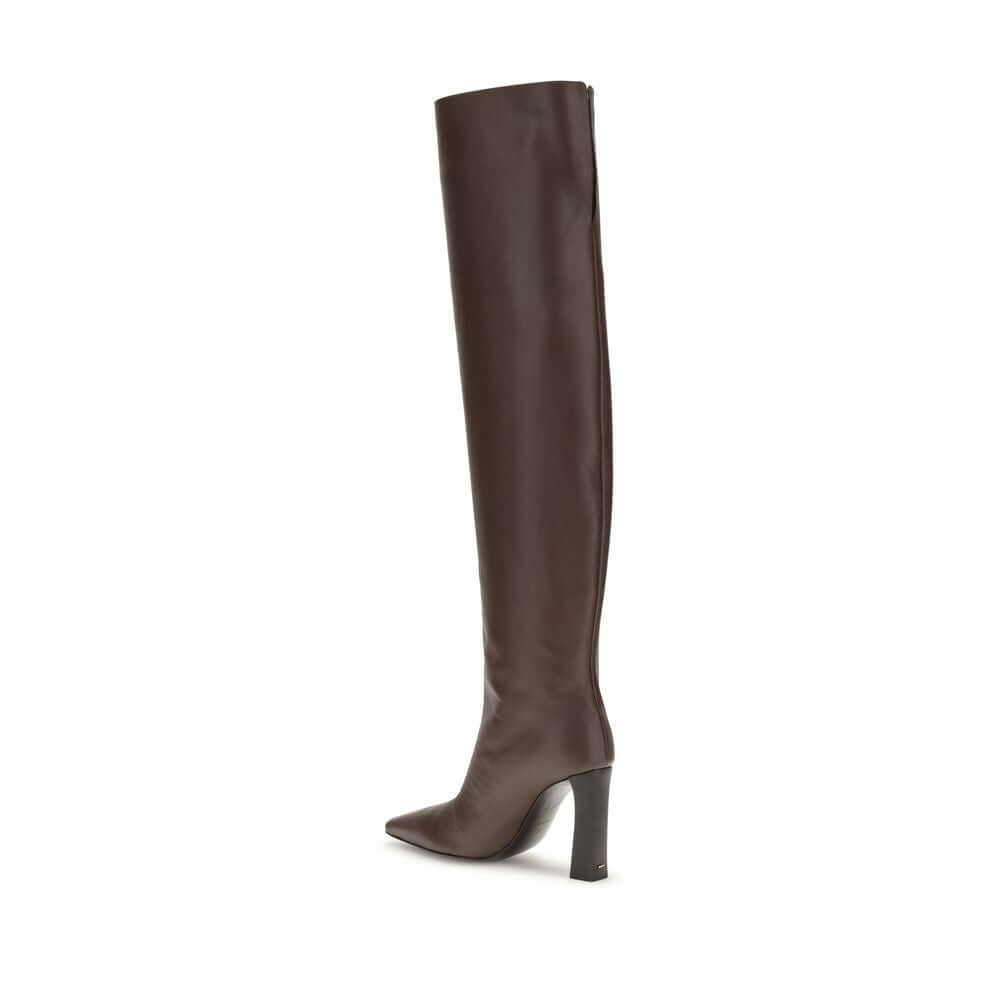side view of Giuseppe Zanotti Brown Leather Over The Knee boot showcasing almond toe and squared heel elegance