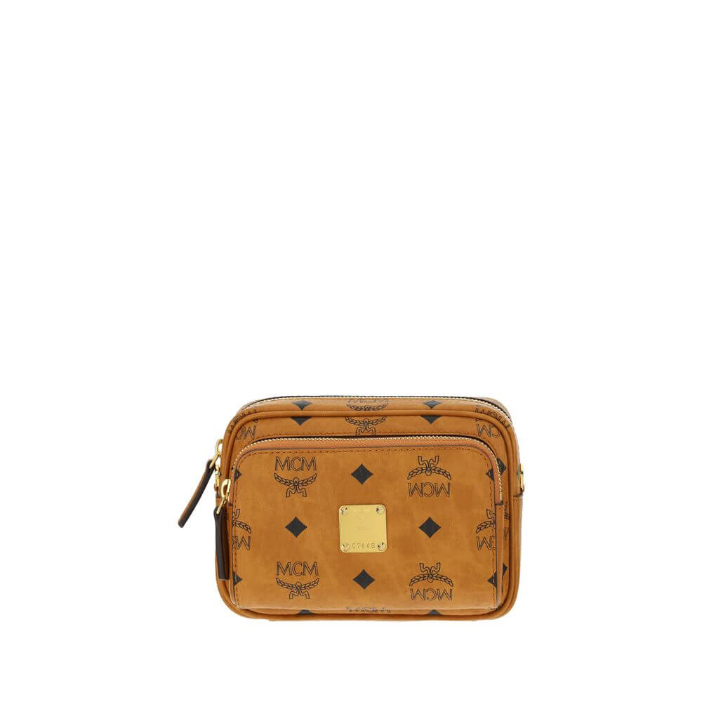 MCM Brown Cotton Shoulder Bag with monogram print and gold-tone logo plaque, featuring adjustable strap and top zipper closure.