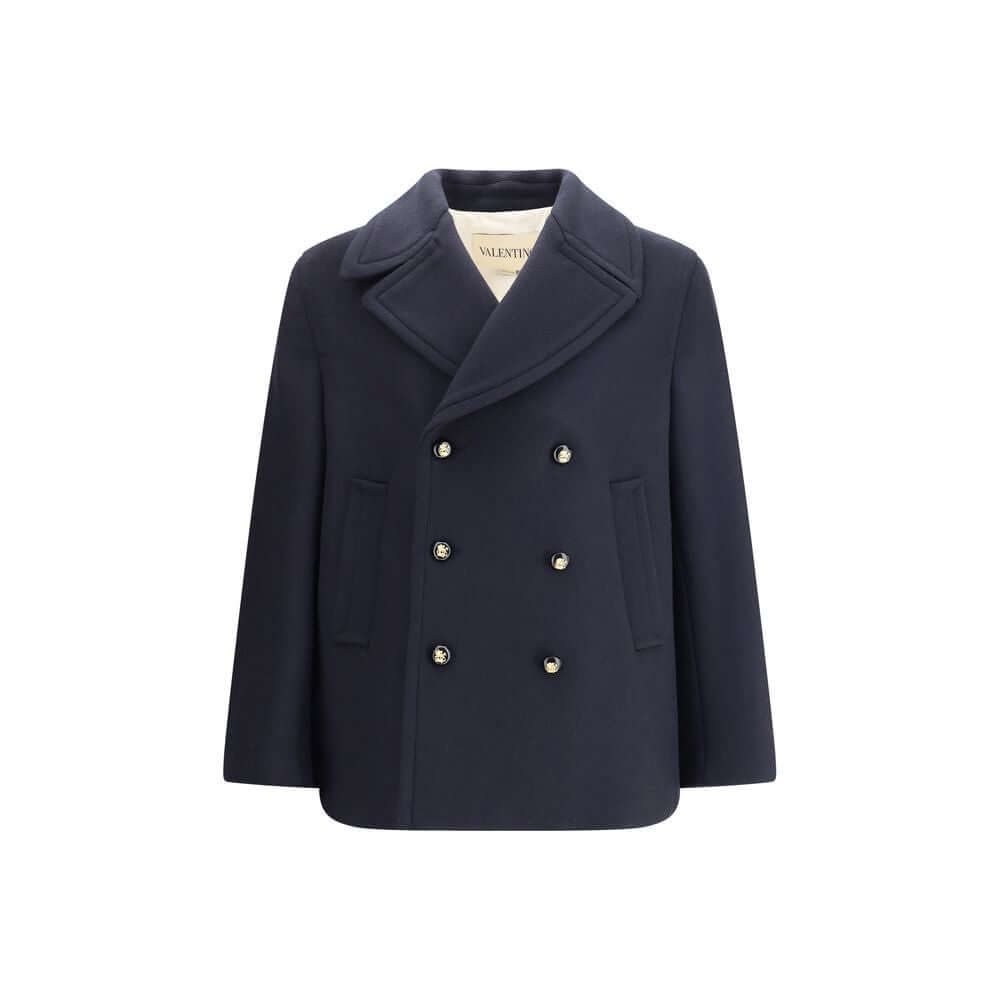 Elegant Valentino Blue Fleece Wool Coat with double-breasted buttons, wide lapels, and pockets. Crafted in Italy, perfect for a classy look.