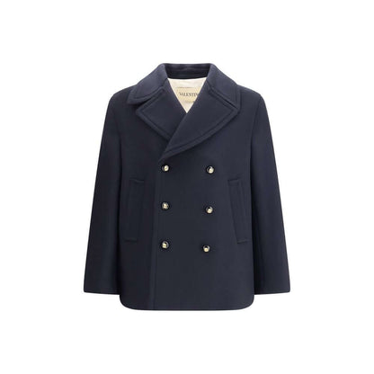 Elegant Valentino Blue Fleece Wool Coat with double-breasted buttons, wide lapels, and pockets. Crafted in Italy, perfect for a classy look.