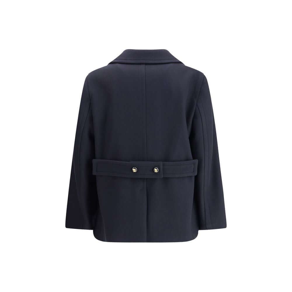 Back view of Valentino Blue Fleece Wool Coat with double-breasted design and wide lapels, showcasing timeless elegance. Made in Italy.