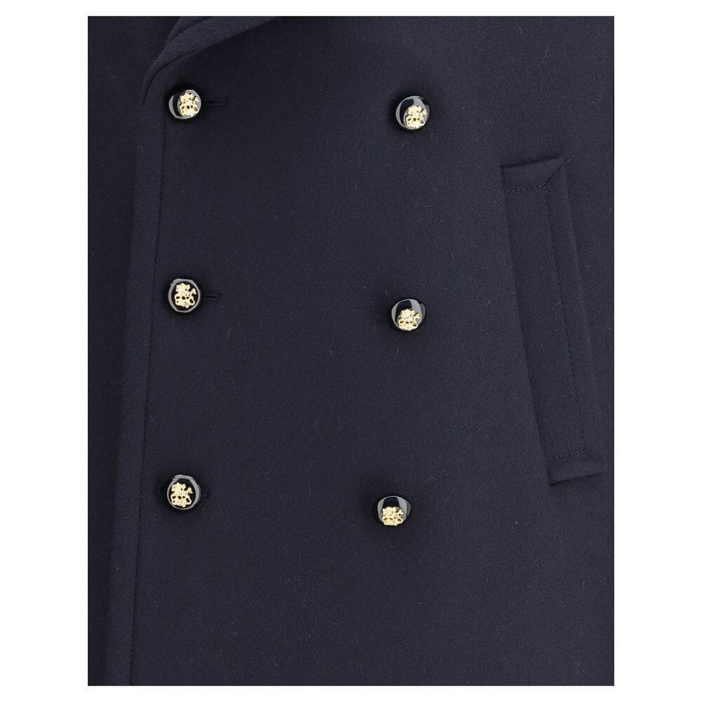 Valentino Blue Fleece Wool Coat with double-breasted button closure, wide lapels, and pockets. Made in Italy for AW25 season.