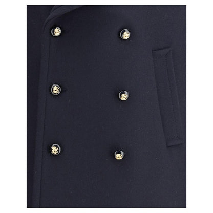 Valentino Blue Fleece Wool Coat with double-breasted button closure, wide lapels, and pockets. Made in Italy for AW25 season.