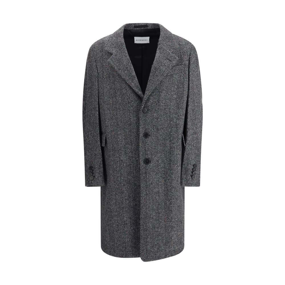 Givenchy Gray Wool Coat with herringbone pattern, wide lapel, and three pockets, AW25, 80% wool, made in Italy.