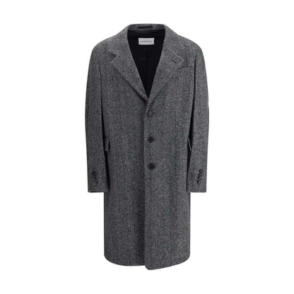 Givenchy Gray Wool Coat with herringbone pattern, wide lapel, and three pockets, AW25, 80% wool, made in Italy.