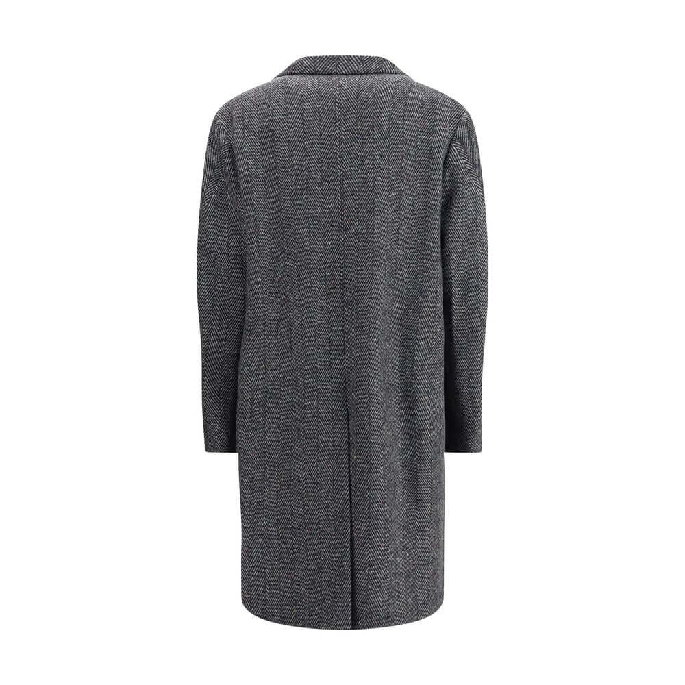 Givenchy Gray Wool Coat with herringbone pattern, wide lapel, three welt pockets, and button closure, showcasing elegance and functionality.