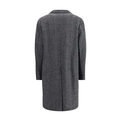 Givenchy Gray Wool Coat with herringbone pattern, wide lapel, three welt pockets, and button closure, showcasing elegance and functionality.