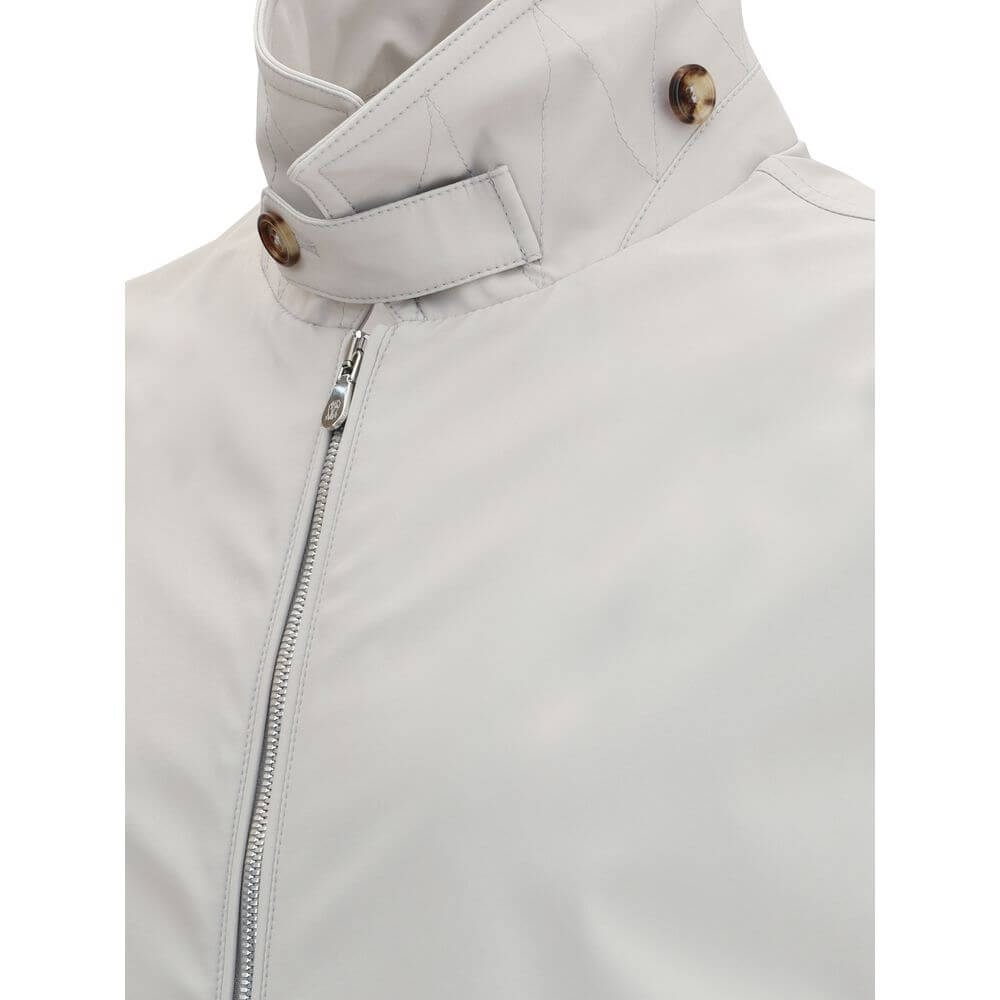Brunello Cucinelli Gray Polyamide Shell Jacket with structured collar and zipper closure, showcasing sporty elegance and functionality.
