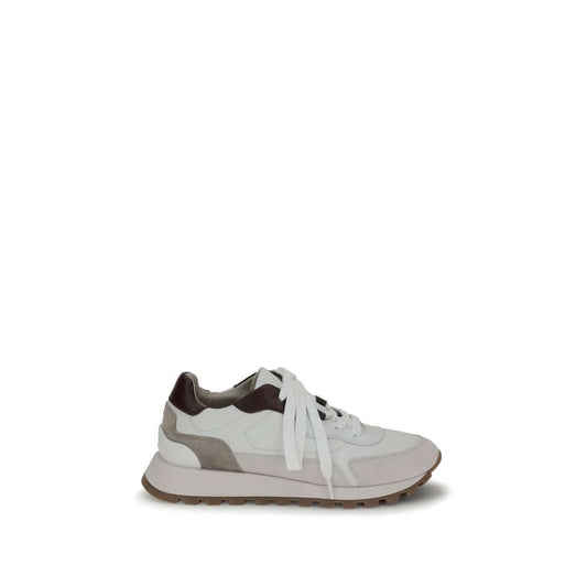 Brunello Cucinelli White Leather Athletic Sneakers with shiny details and comfortable microsole, side view.